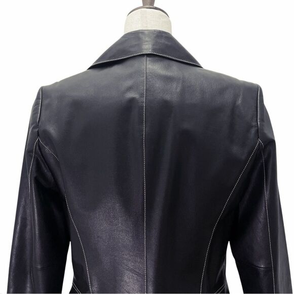 Vintage Classiques Entier Black Leather 3-Button Blazer Lasercut Trim Sz 10 Y2K - Picture 9 of 15